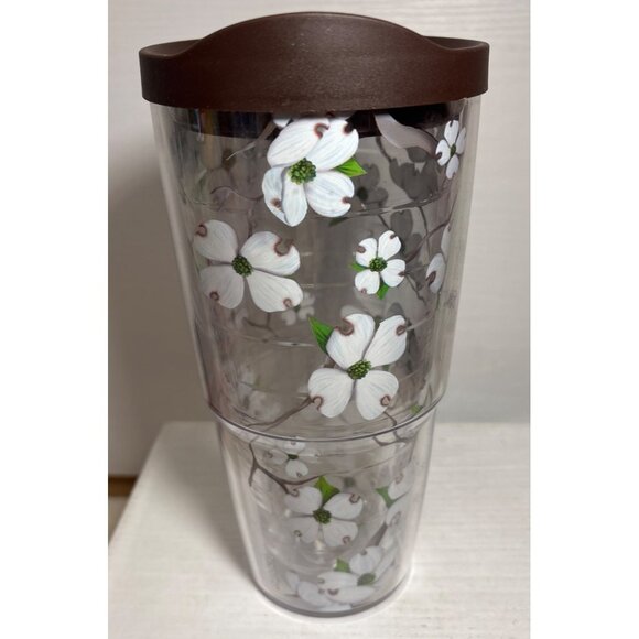 Tervis Insulated Tumbler Dogwood Flower With Brown Lid 24 Oz Clear Plastic - Picture 1 of 10